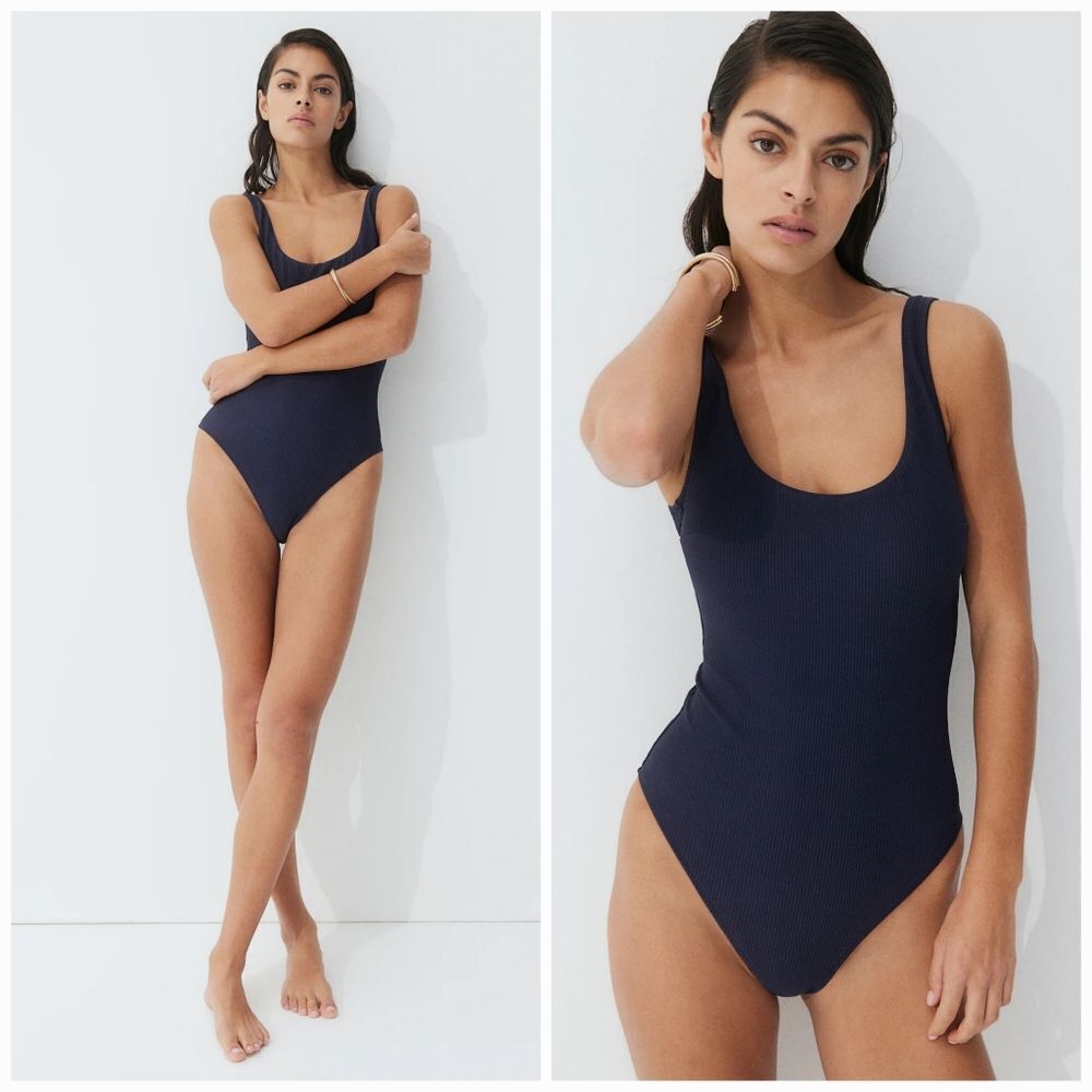H&M Navy Blue Textured Low Back High Cut Padded Cup One Piece Swimsuit M